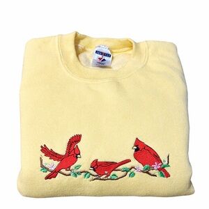 Jerzees Vintage Cardinal Embroidered Sweatshirt Large Yellow Cozy Cottagecore